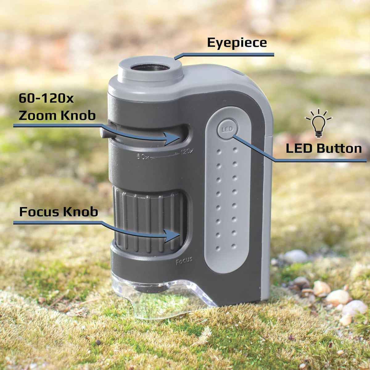 Gray LED pocket microscope with eyepiece and focus knob, showing LED and zoom controls outdoors