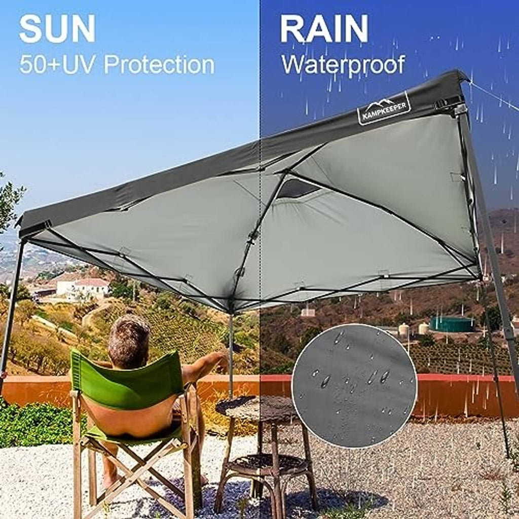 Black canopy top cover stretched over a pop-up tent frame outdoors