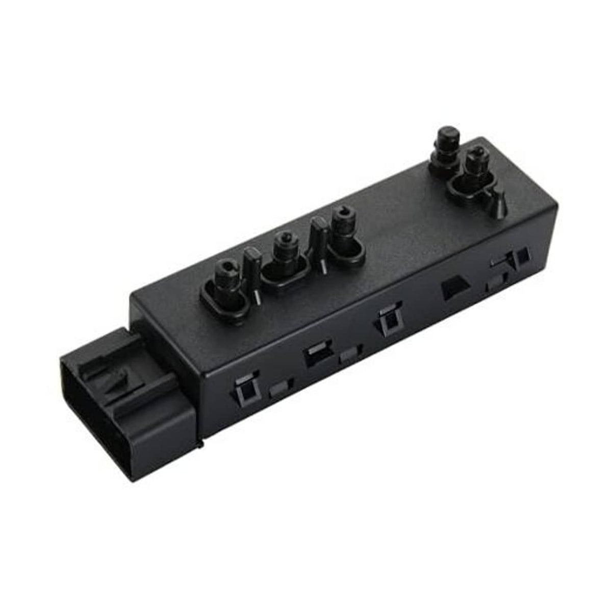 Black power seat switch module with multiple button sockets and connector tab
