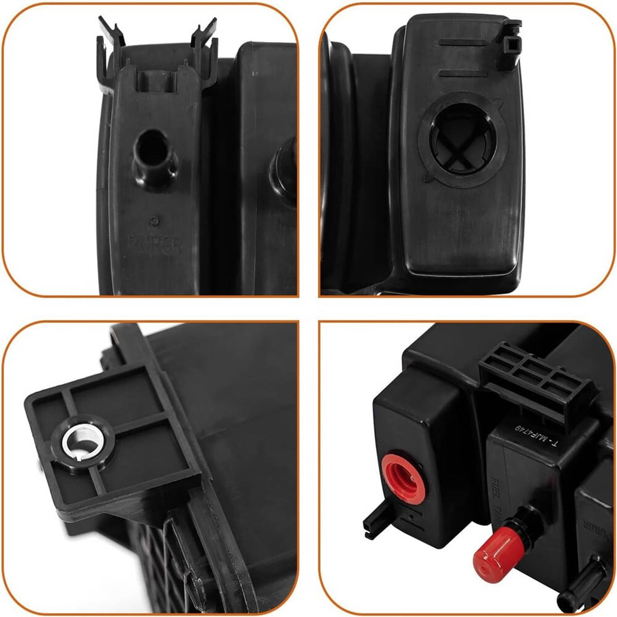Fuel vapor canister close-up with red and black fittings on the side
