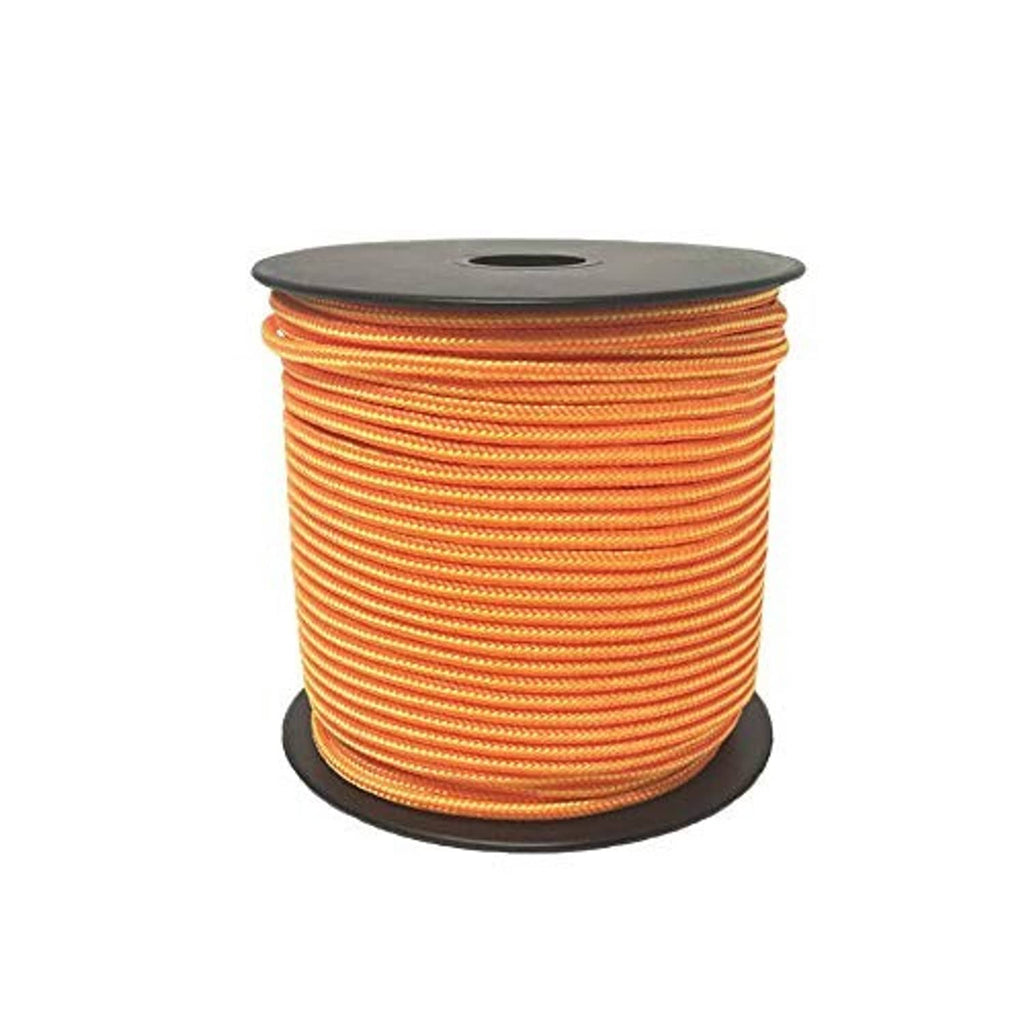 Neon orange 3mm throwline cord wound on black spool, top view