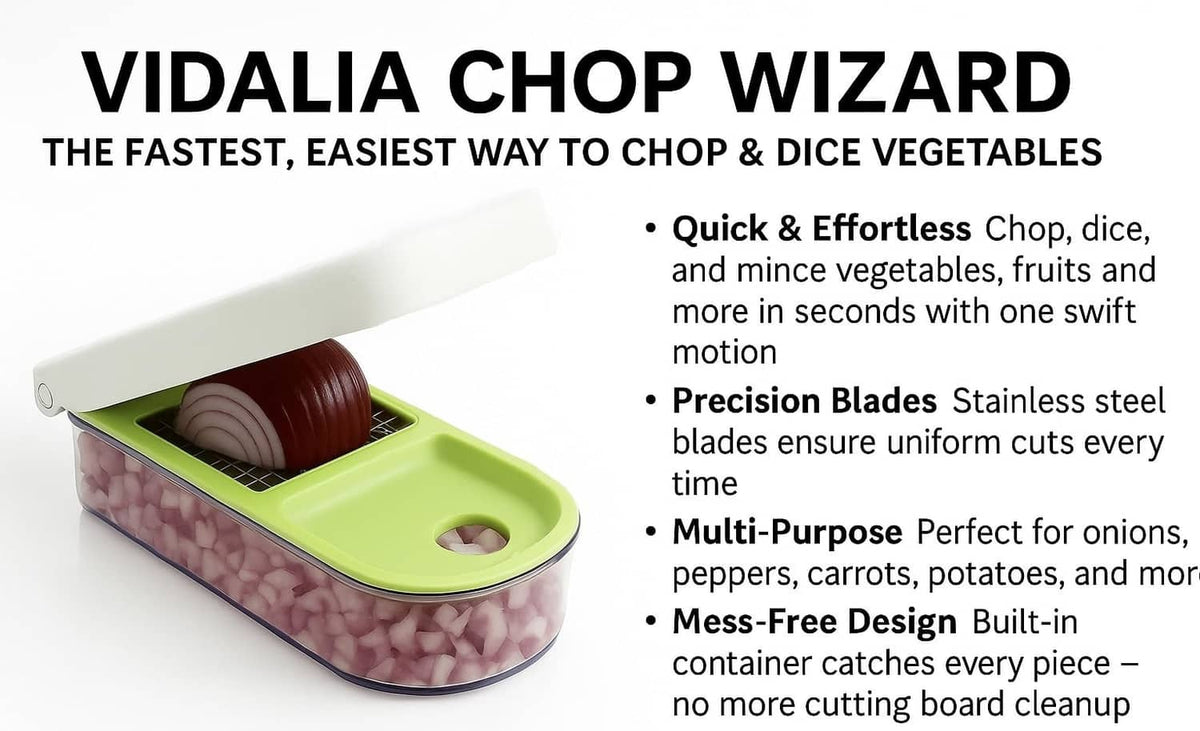 Green and clear vegetable chopper with hinged lid and visible blade section