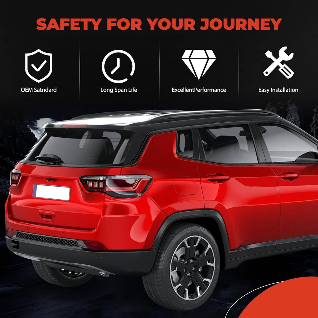Right inner halogen tail light on red SUV, three red square lenses, black housing