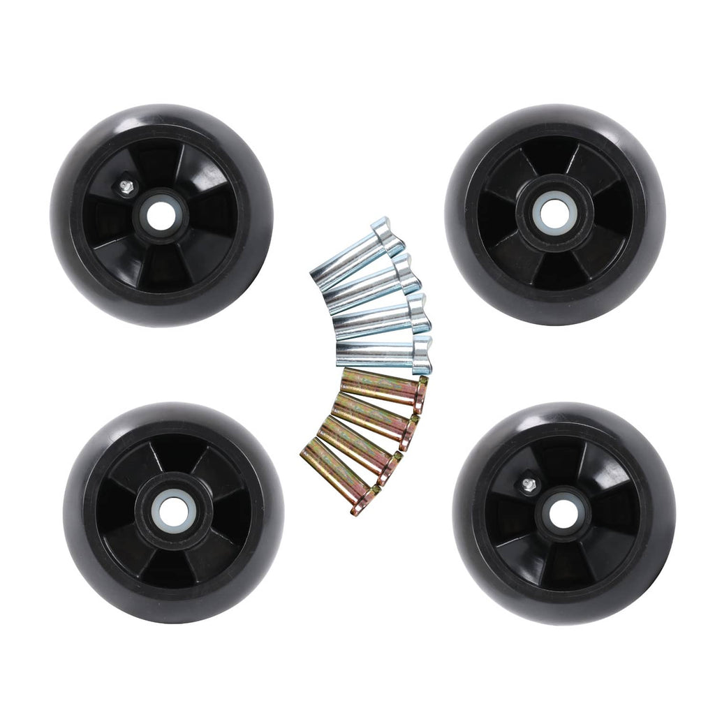 Four black deck mower wheels with a row of zinc-plated mounting bolts