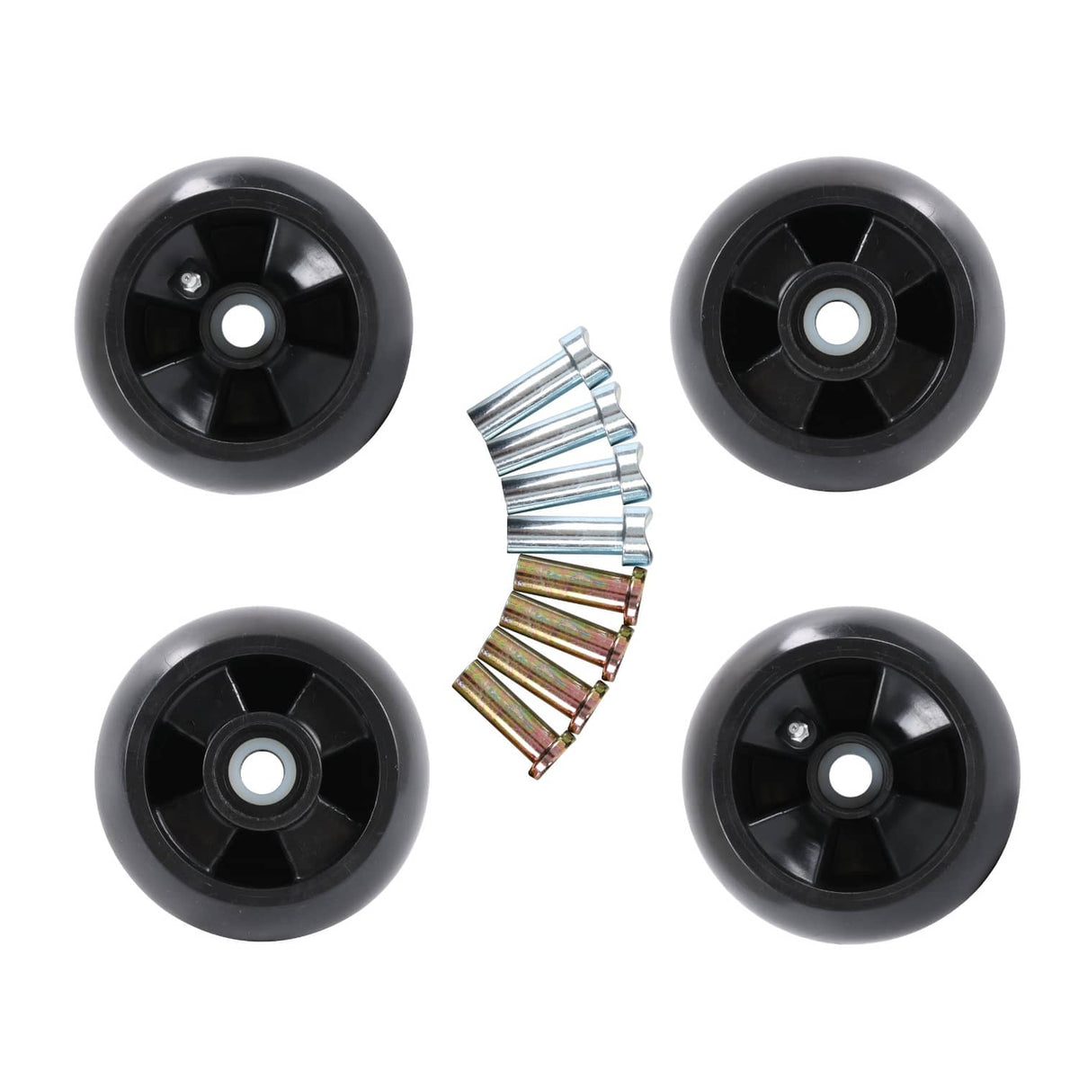 Four black deck mower wheels with a row of zinc-plated mounting bolts