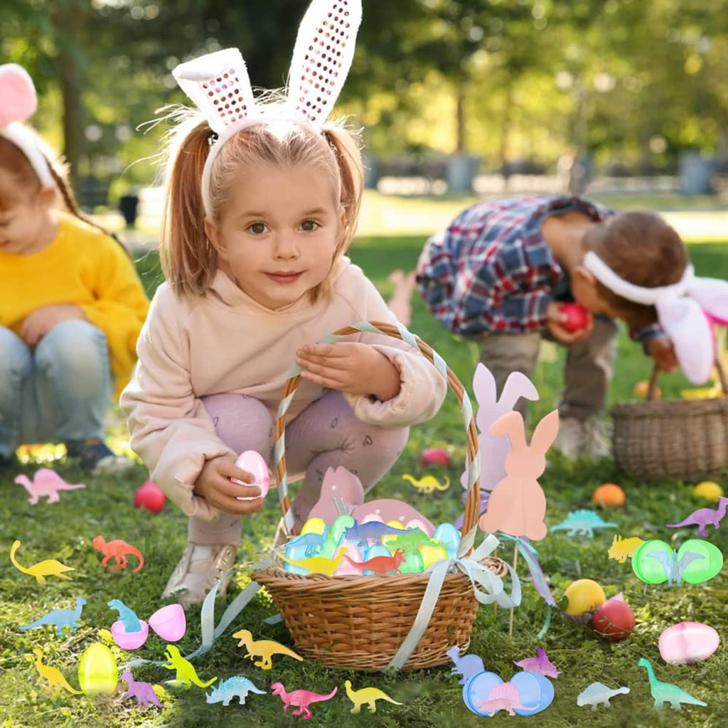 Children playing with pastel dinosaur-filled Easter eggs and dinosaur figure toys