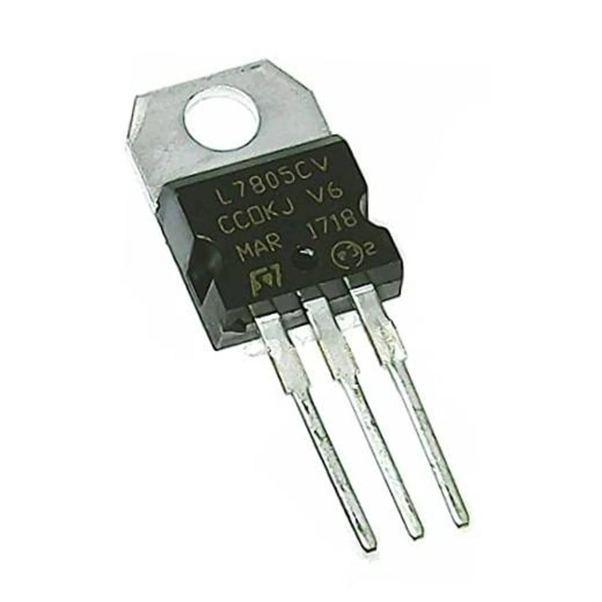5V voltage regulator IC in metal TO-220 with three through-hole pins