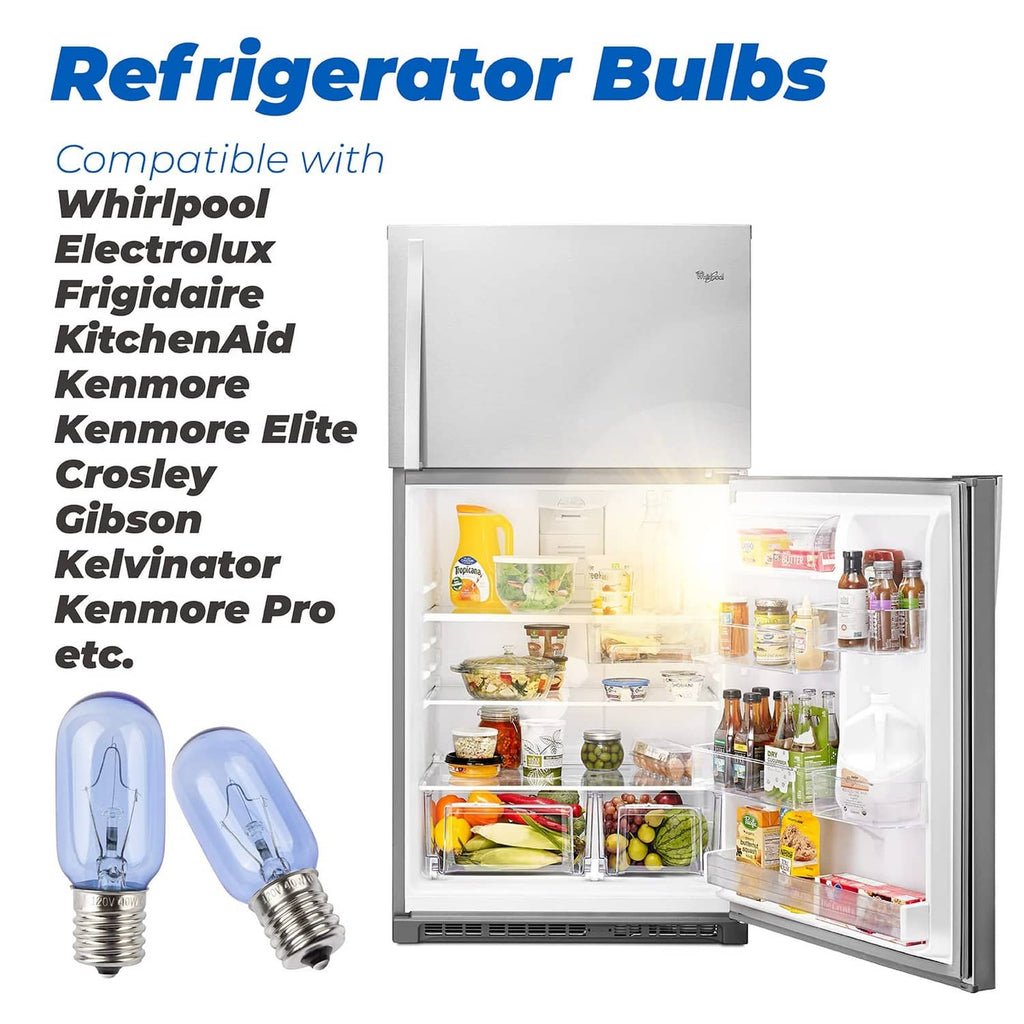 Refrigerator light bulb replacement, two blue glass E17 bulbs shown beside an open fridge