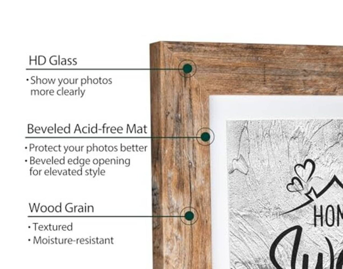 Rustic wood picture frame details: beveled acid-free mat, clear glass, wood grain