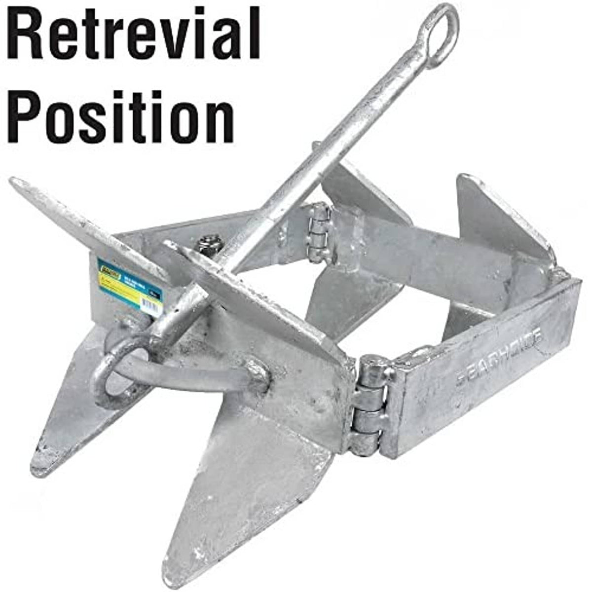 Fold-and-hold anchor in retrieval position with uplift hook, hinge bar, and three flukes