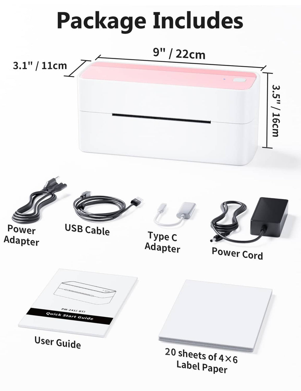 Pink and white Bluetooth thermal label printer with included power and USB accessories