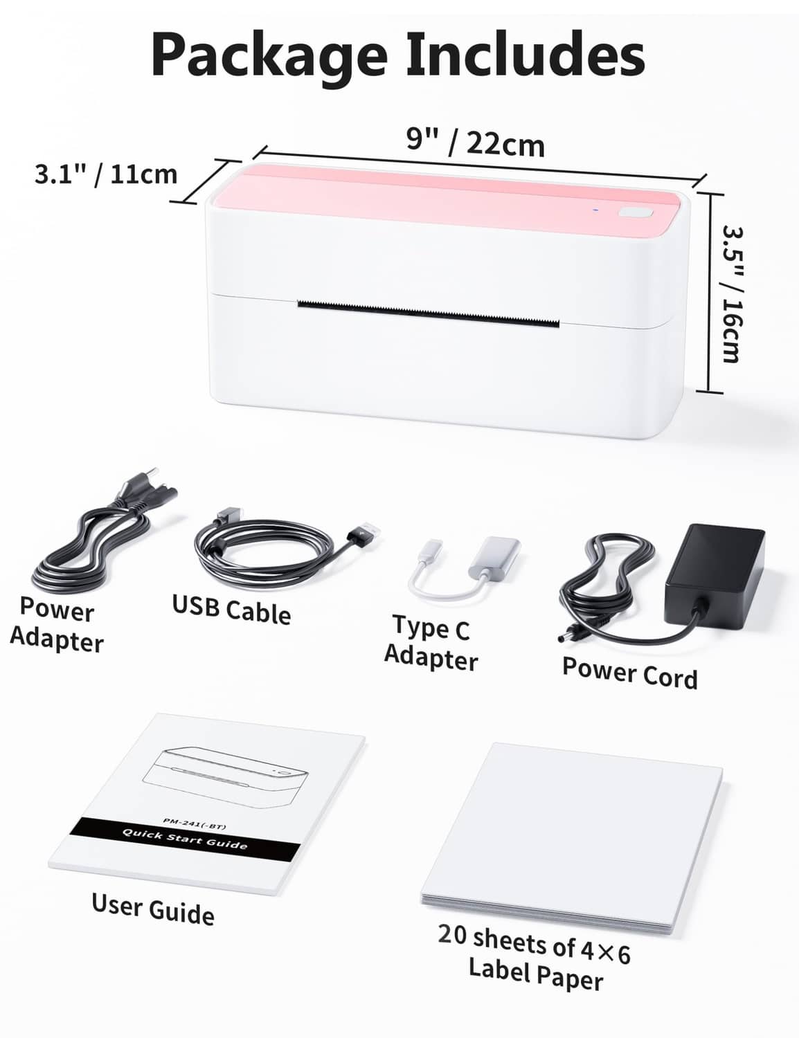 Pink and white Bluetooth thermal label printer with included power and USB accessories