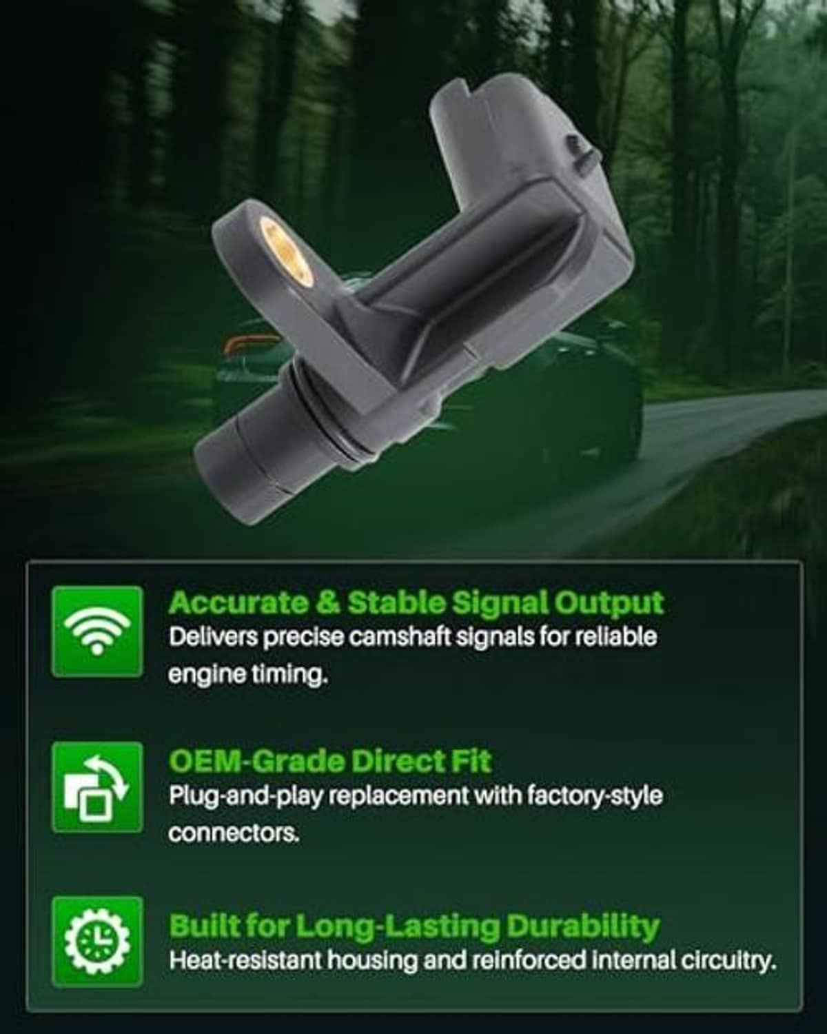 Camshaft position sensor illustration with signal output and durability callouts