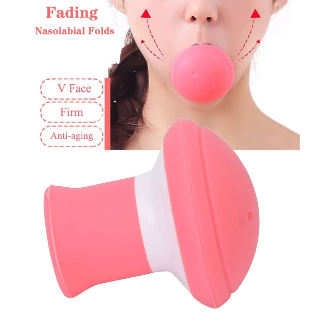 Pink jaw exerciser with circular mouthpiece and broad curved chin pad