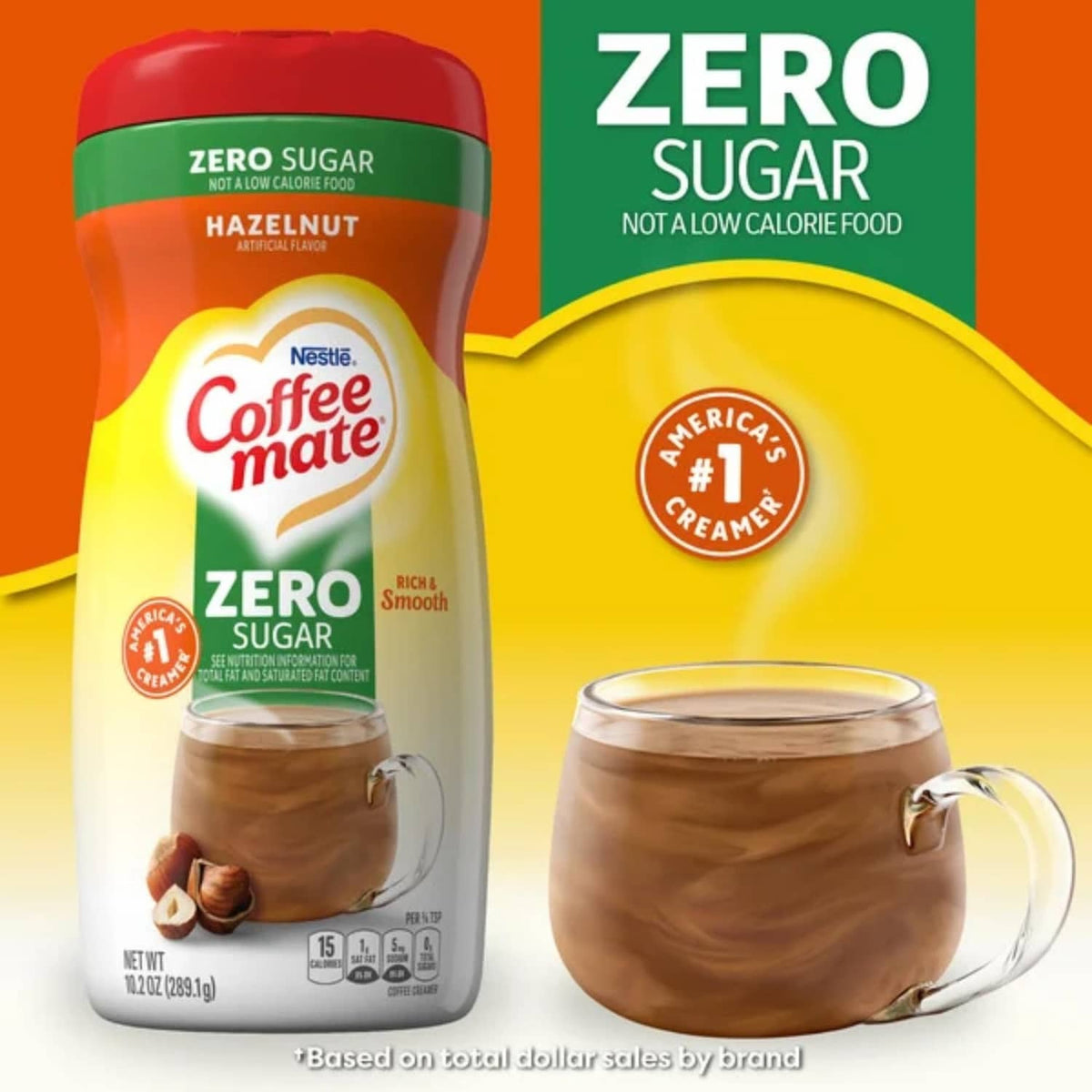Coffee-mate Zero Sugar Hazelnut creamer bottle and mug, red cap with zero sugar