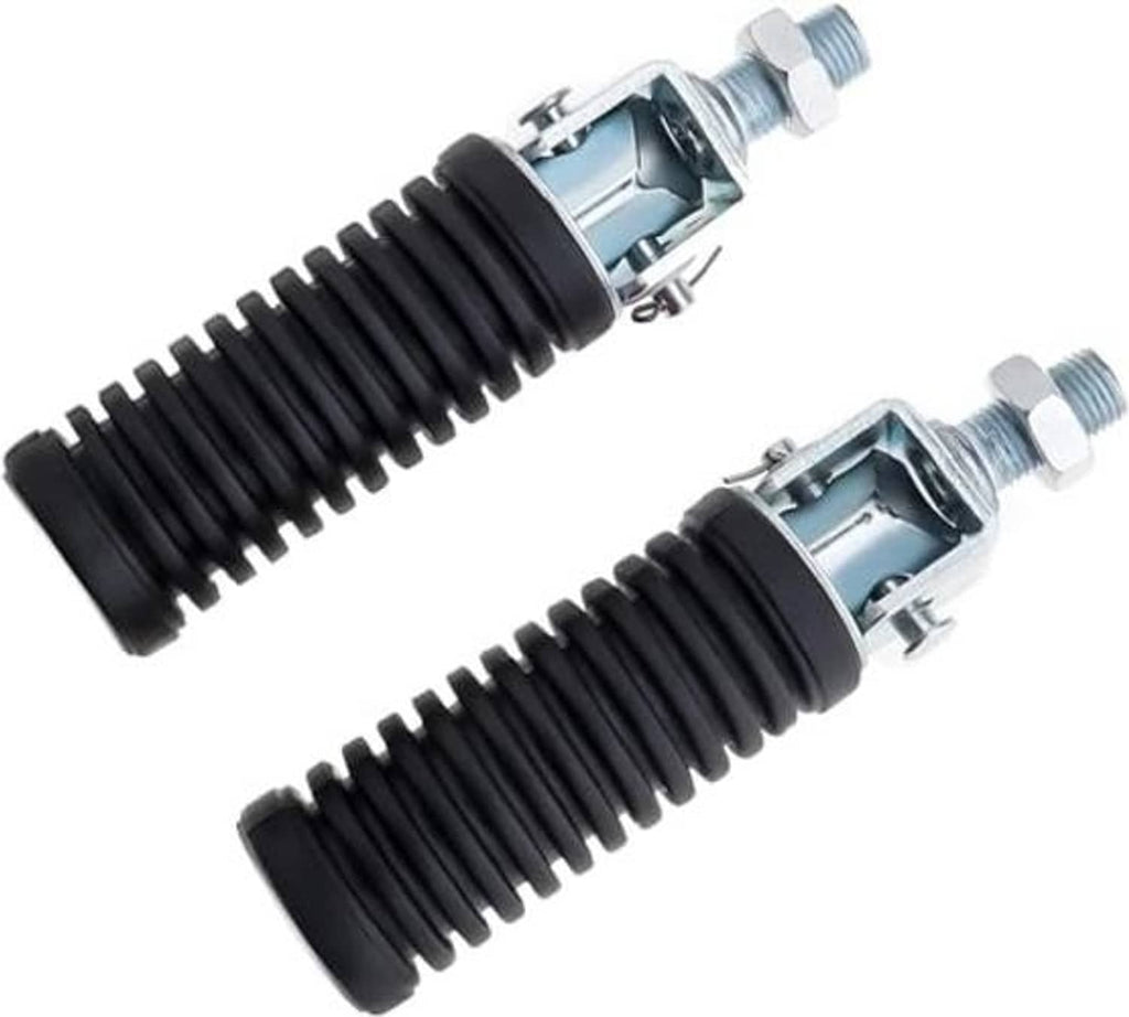 Pair of folding footrest pedals with black ribbed rubber springs and silver mounting hardware