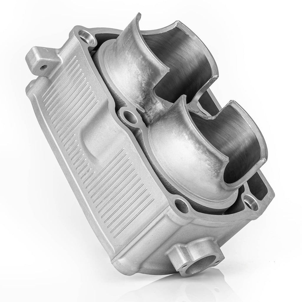 Metal cylinder block and piston assembly, close side view of top end kit parts.