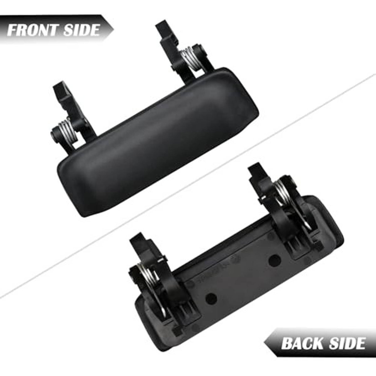 Black exterior door handles showing front side and back side with mounting hardware