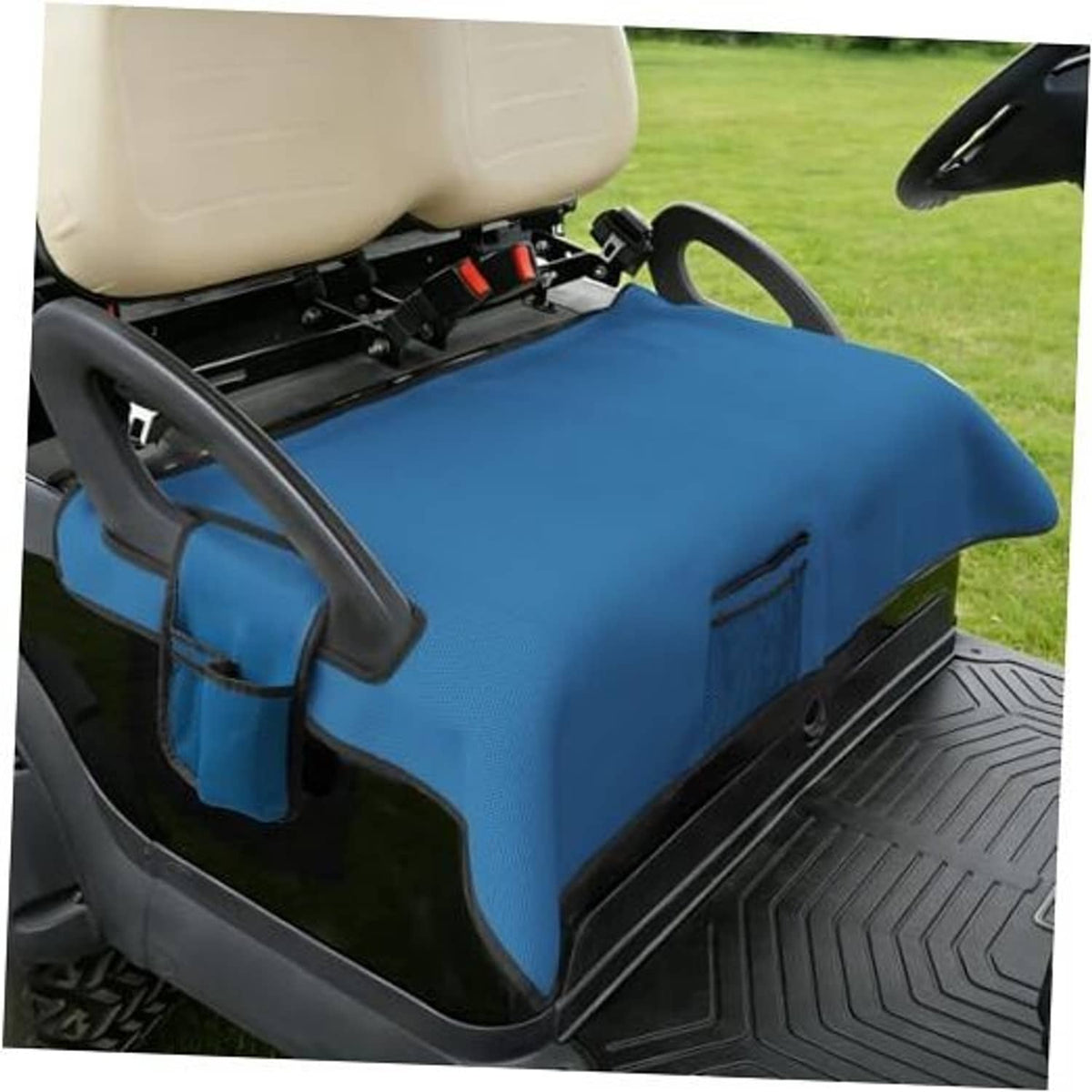 Blue golf cart seat blanket cover with armrest straps and shaped seat panel