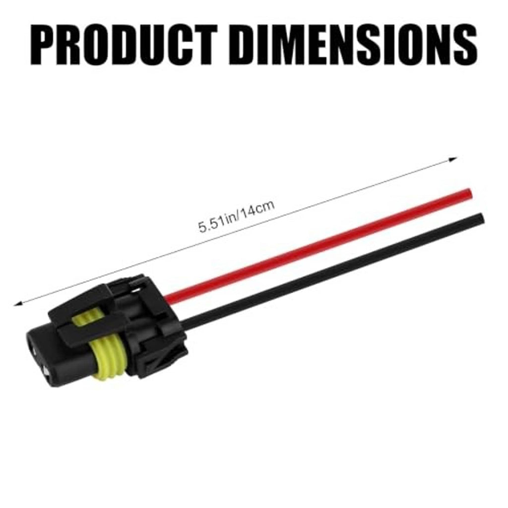 Headlight wiring harness pigtail socket with red/black wires and black connector, shown with length