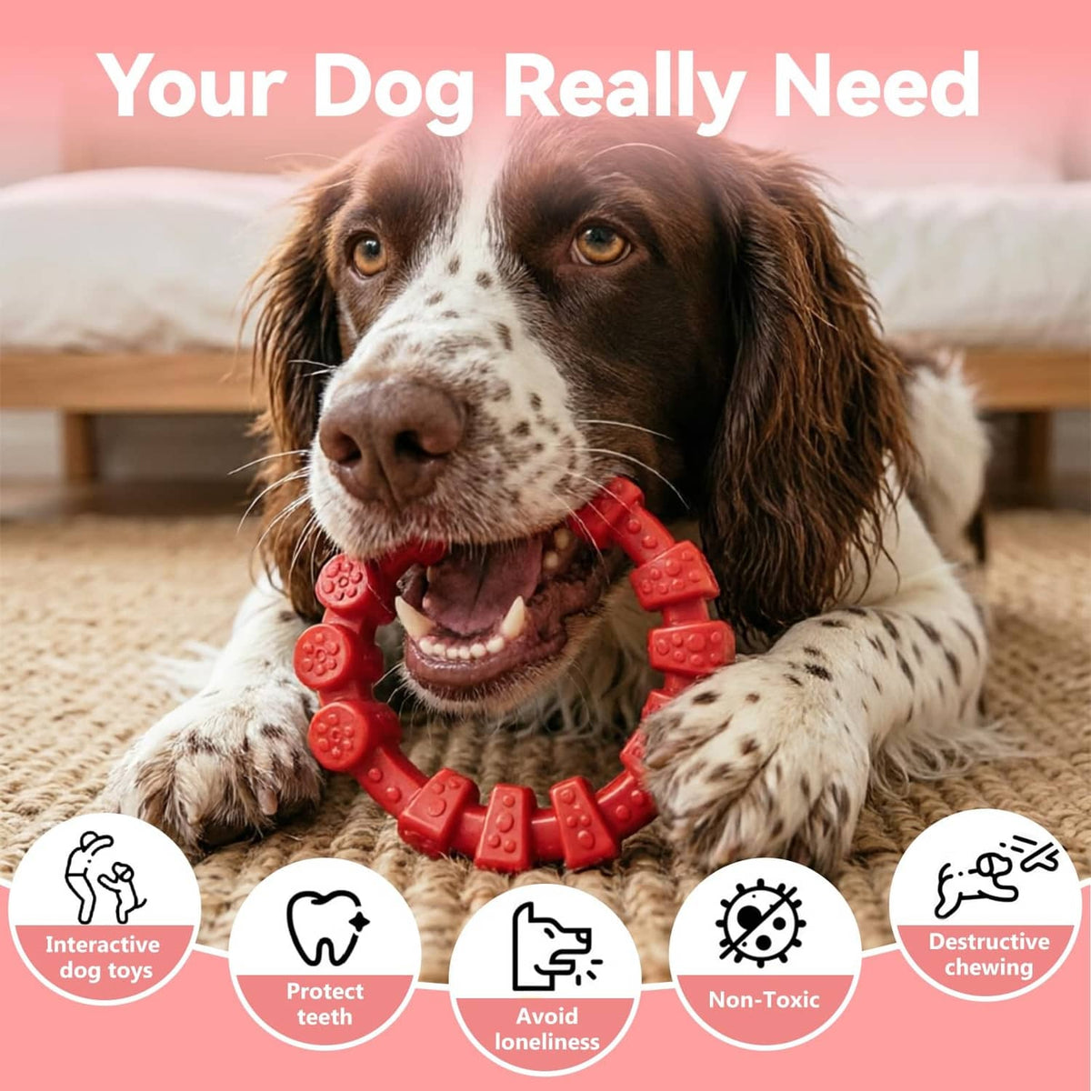 Red bumpy dog chewing ring toy in a dog's mouth