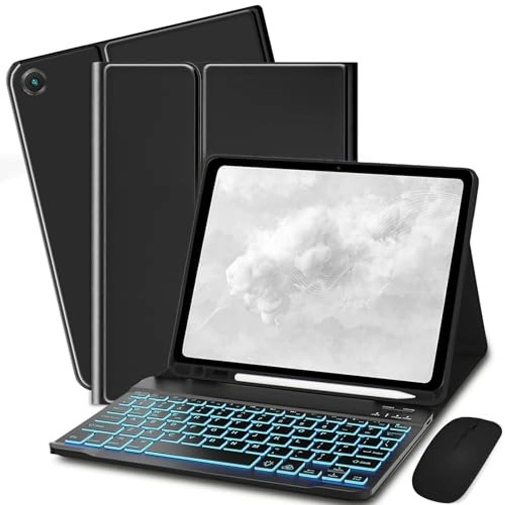 Black tablet keyboard case with backlit keys, open front cover, and wireless mouse