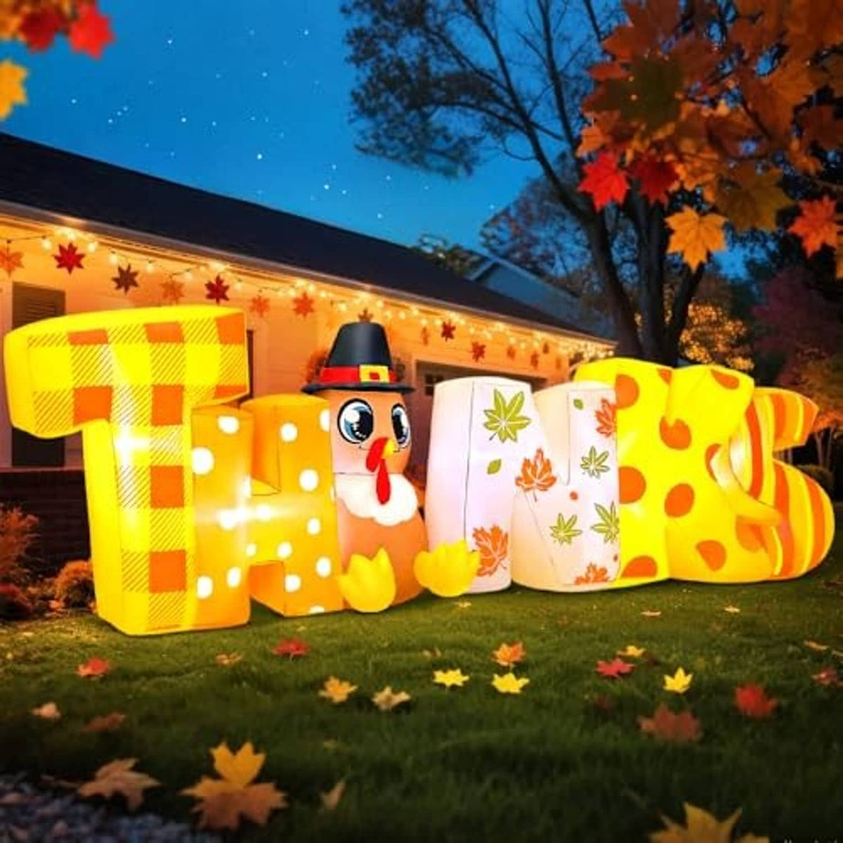Lit Thanksgiving inflatable letters with turkey face, white panel with leaf print and yellow accents