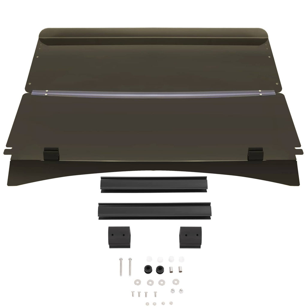 Tinted fold-down windshield set with black frame, mounting bars, and fasteners.