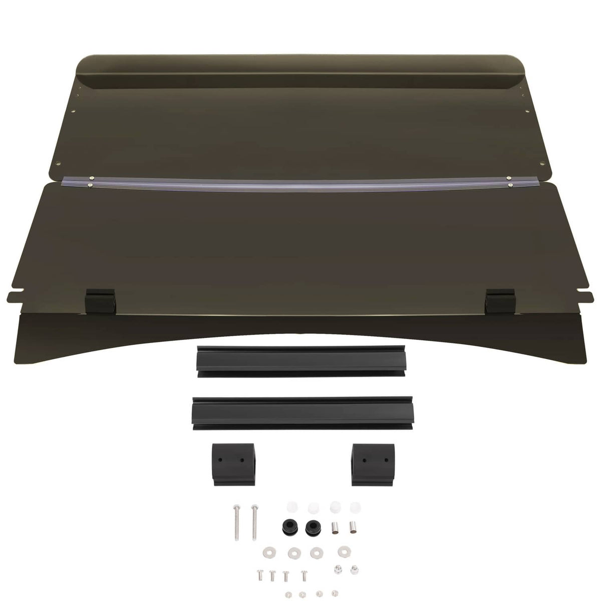 Tinted fold-down windshield set with black frame, mounting bars, and fasteners.