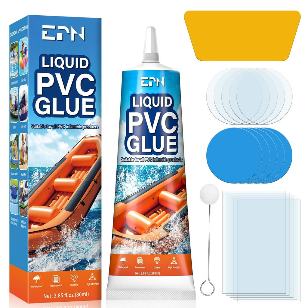 Liquid PVC glue bottle and assorted vinyl repair patches in an unboxed kit