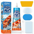 Liquid PVC glue bottle and assorted vinyl repair patches in an unboxed kit