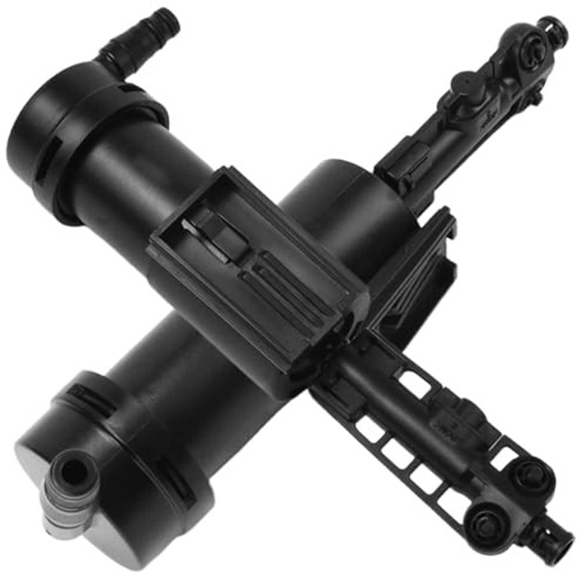 Black headlight washer jet nozzle assembly with bracket and connector hose