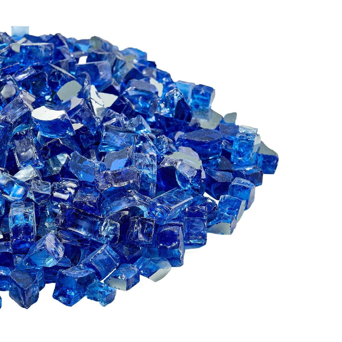 Cobalt blue crushed glass close-up with faceted reflective shards