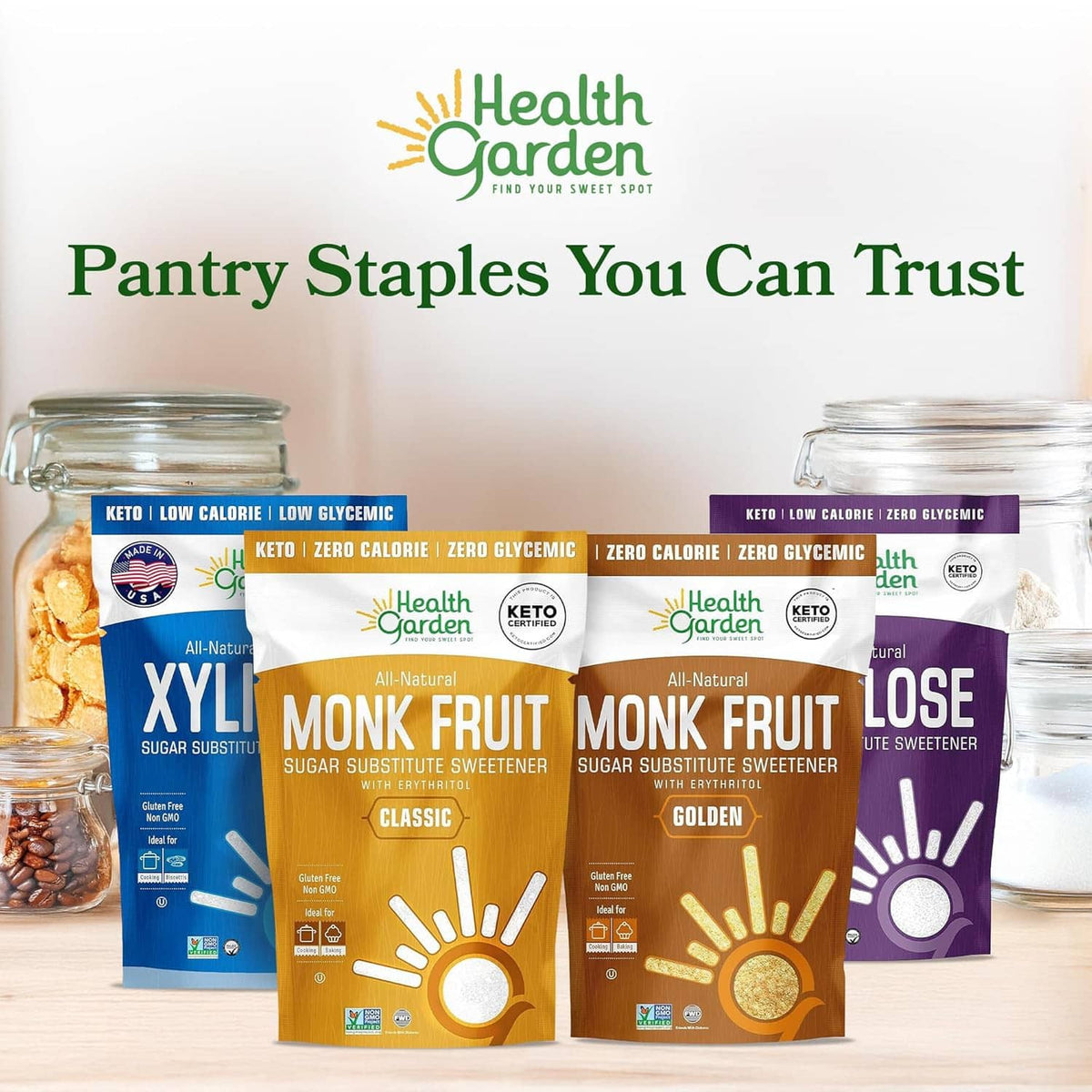 Assorted sweetener bags display: Monk Fruit, Xylitol, and Allulose in pantry scene