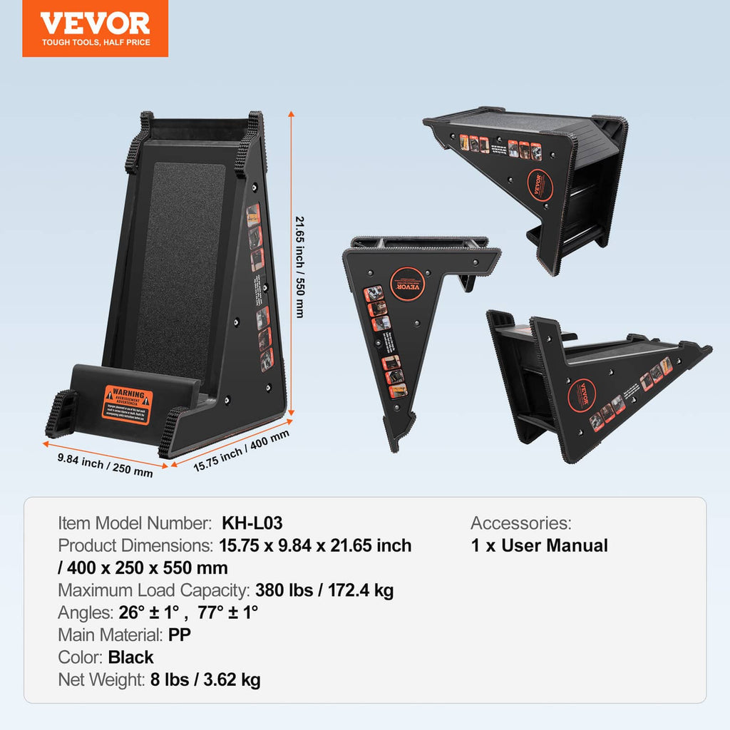 Black ladder leveling tool with multiple angle brackets and textured anti-slip pads