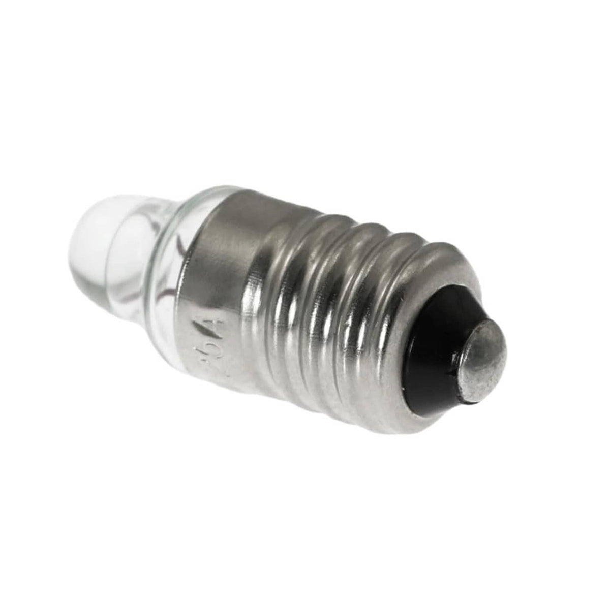 Mini E10 screw-base bulb end view, metal threads with dark contact base