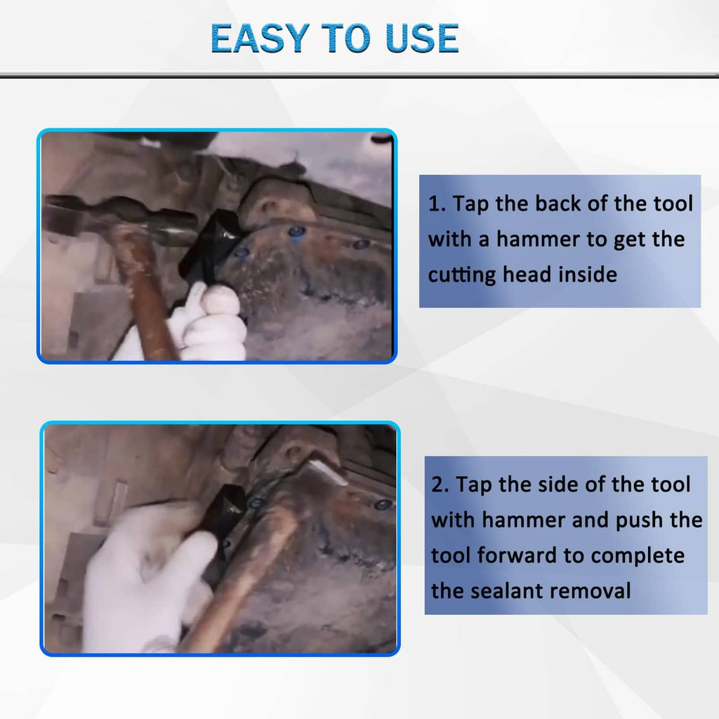 Black oil pan sealant removal tool with step-by-step usage layout