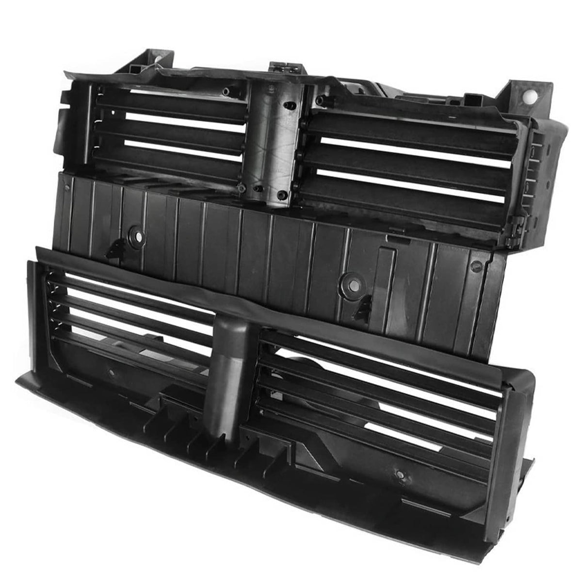 Black radiator control shutter assembly with crossbar and horizontal slats