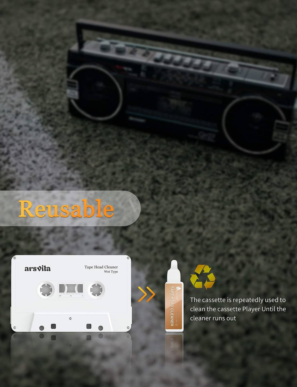 Audio cassette head cleaning kit with cassette-style cleaner and orange cleaning bottle
