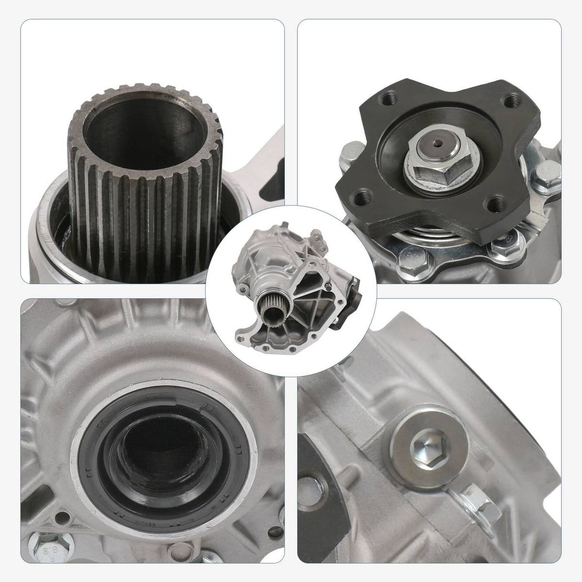 Transfer case assembly detail collage: toothed gear, ports, and mounting flange