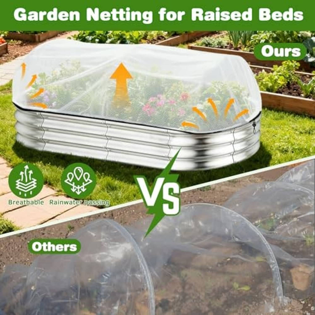 White mesh garden netting cover over raised bed with silver frame and drawstring ties
