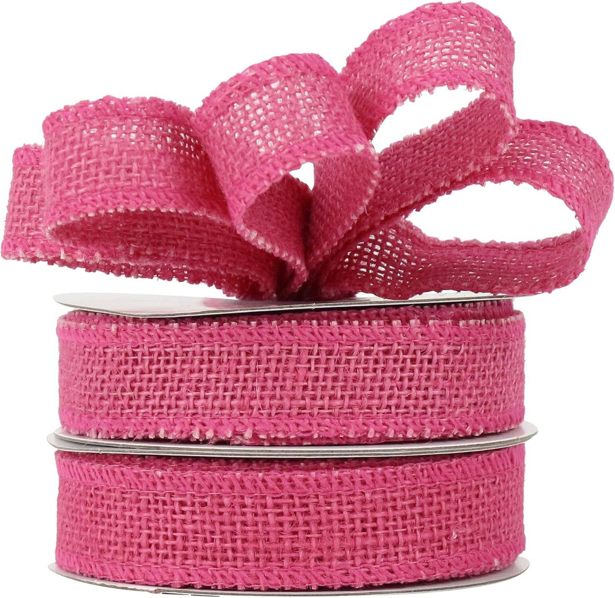 Hot pink burlap ribbon spool with layered ribbon loops and woven texture