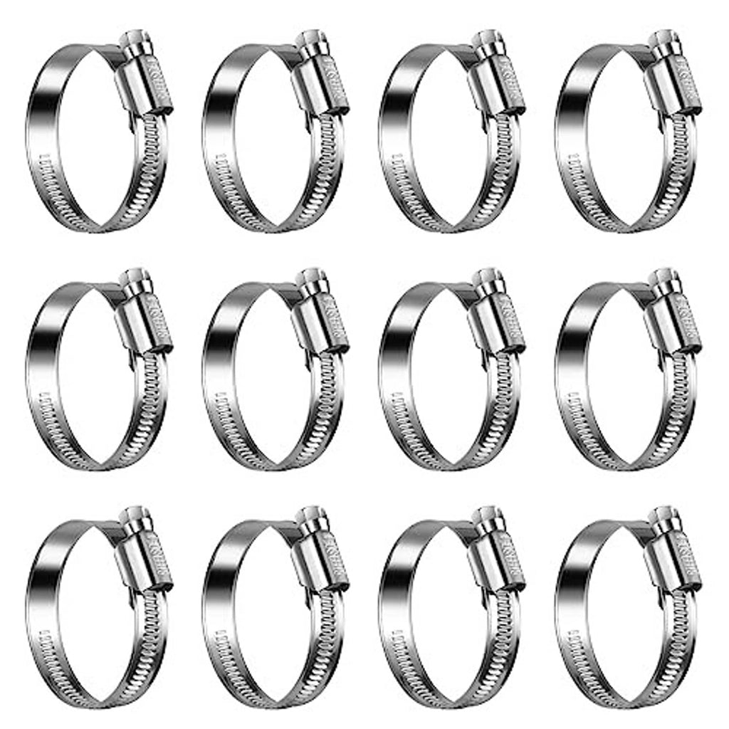Multiple stainless steel worm gear hose clamps, silver finish, hex drive screws