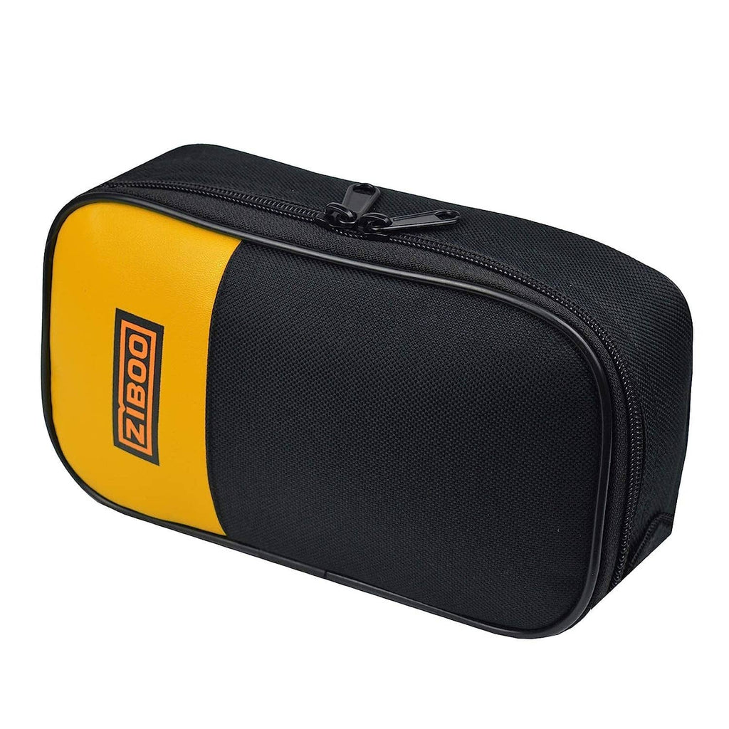 Multimeter soft case, side view: black textured body with yellow end panel and zipper.