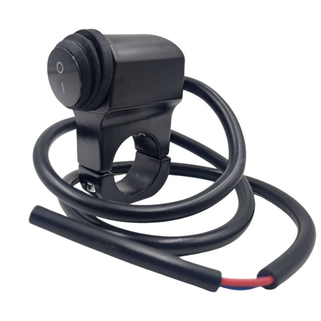 Black handlebar headlight ON/OFF switch with bundled wiring and red-tipped lead