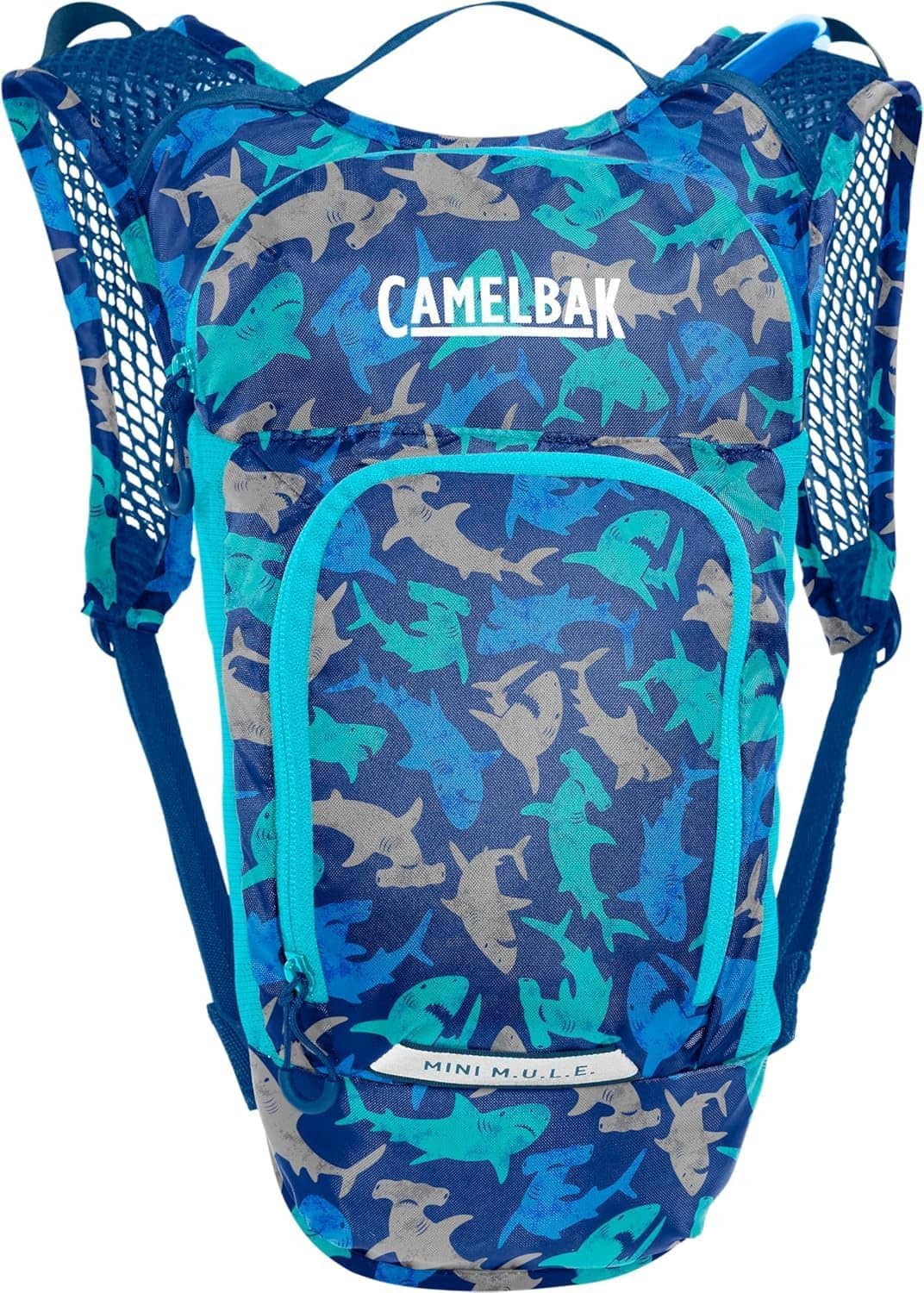 Kids hydration backpack by Camelbak, blue shark print front, Camelbak logo and padded straps