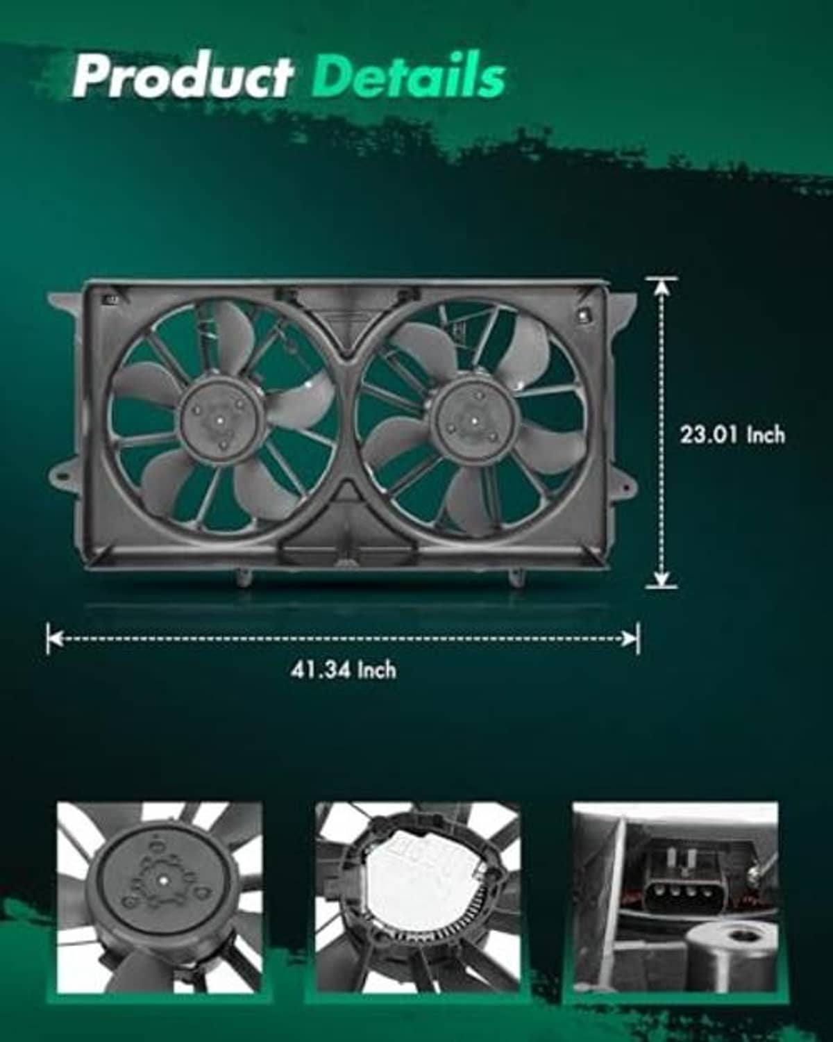 Dual radiator cooling fans in metal frame with size diagram and mounting layout