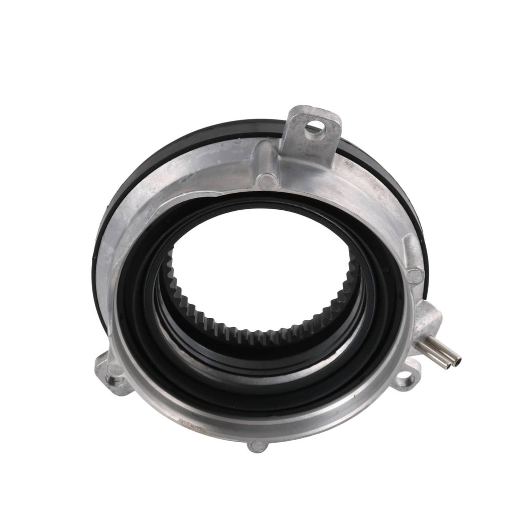 Axle locking hub actuator assembly with black ring, serrated gear edge, metal housing