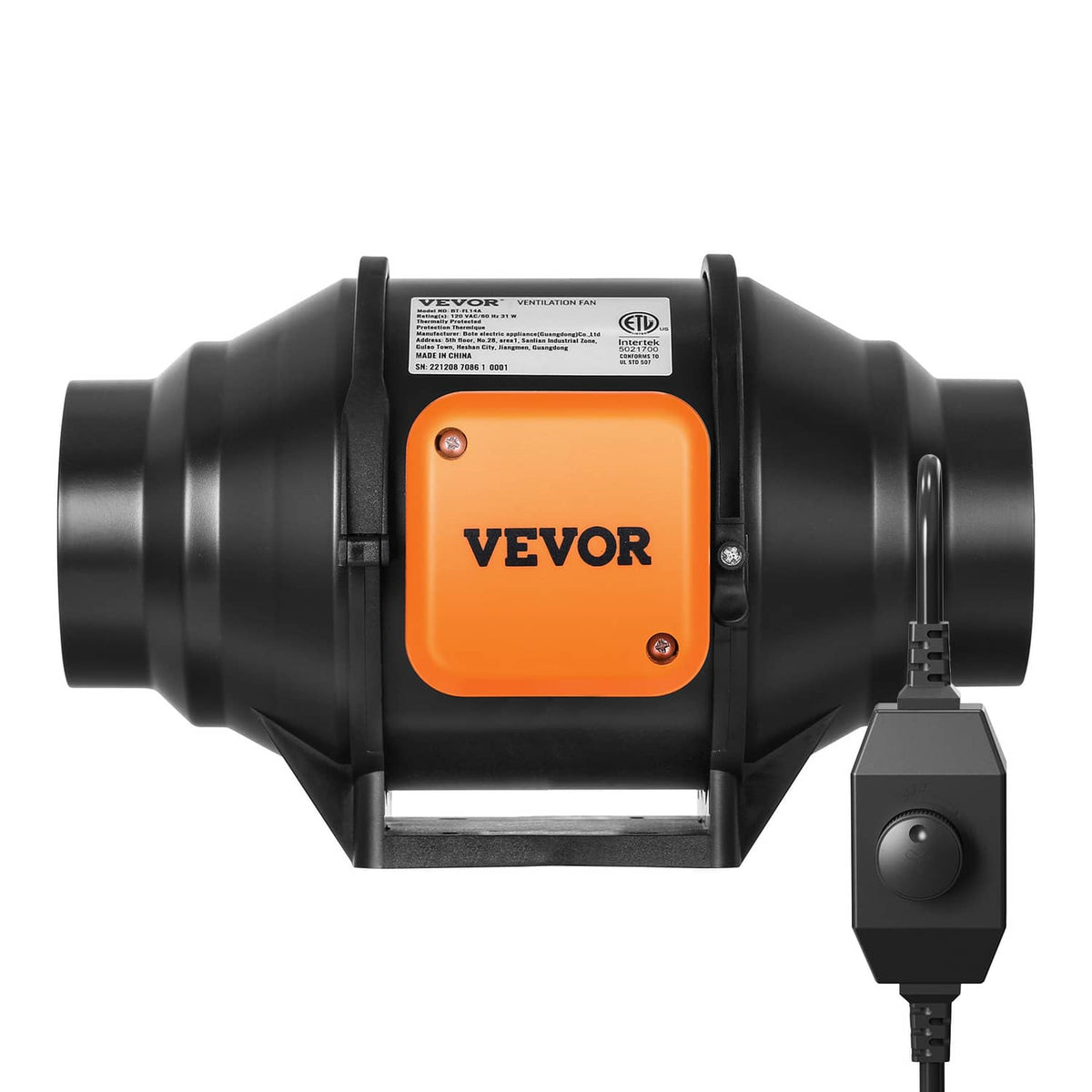 Black inline duct fan blower with orange VEVOR controller and hanging power cord