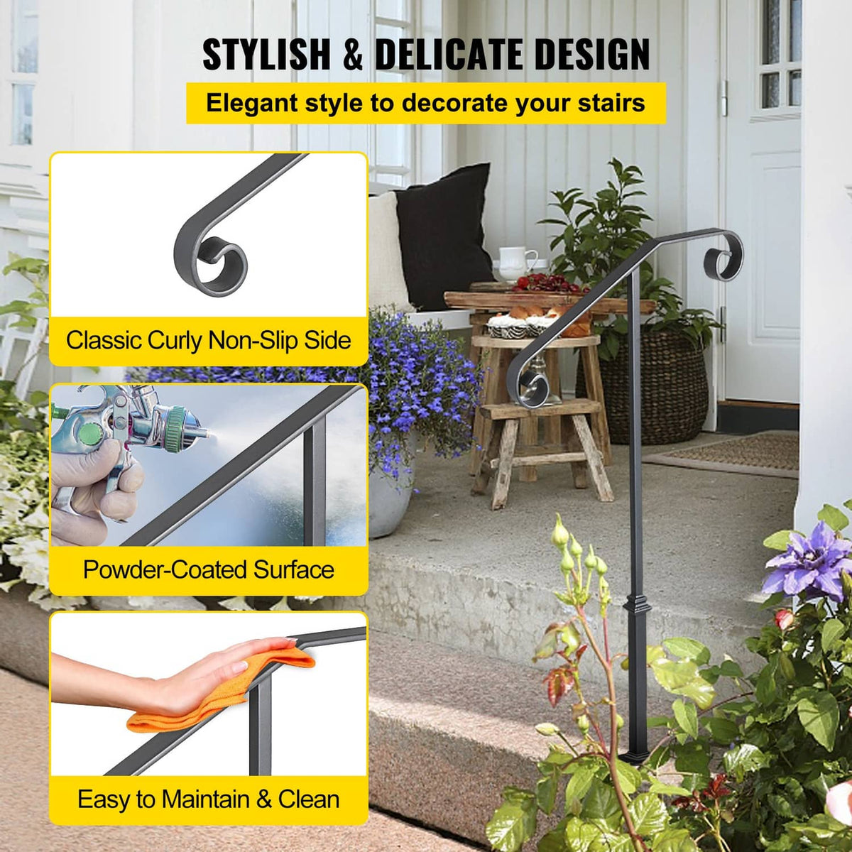 Matte gray single post handrail detail with non-slip curved side grip and smooth finish.